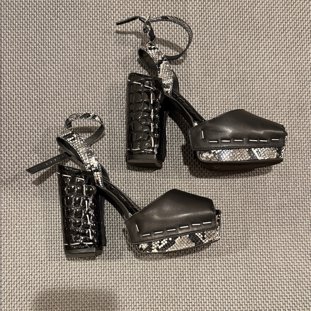 Jeffrey Campbell Black Platform Block Heel Sandals with Snake-Print Accents